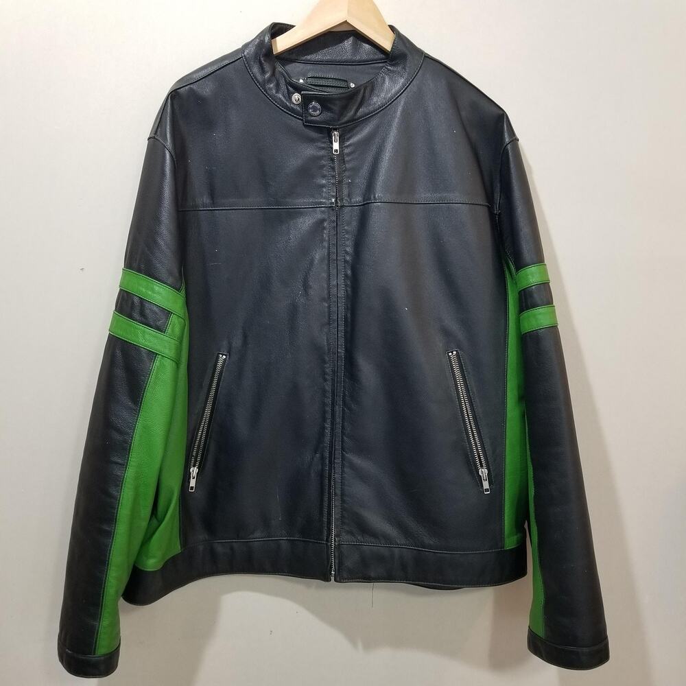 Wilsons Leather Jacket Mens XL Black Green M Julian Cafe Racer Moto Biker Zip